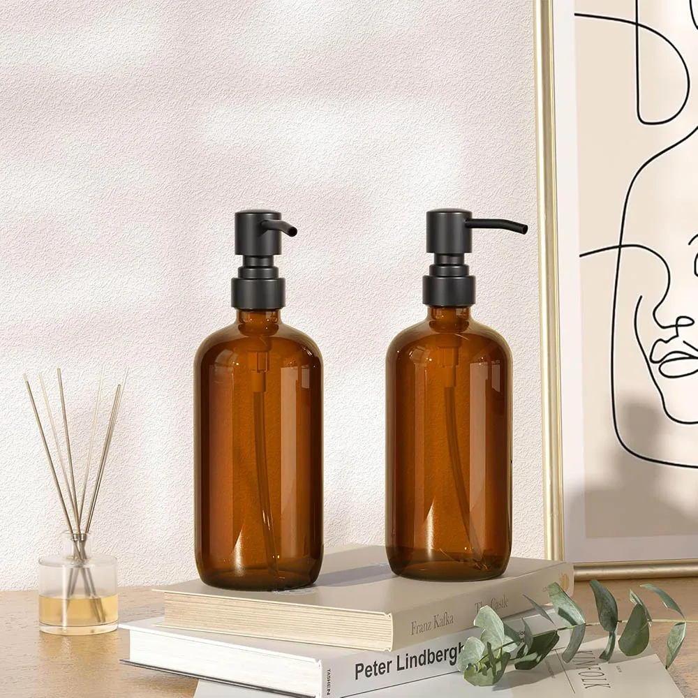 Amber Glass Soap Dispenser with Black Pump, Liquid Hand Soap Dispenser for Bathroom, Kitchen Dish Soap Dispenser, 16Oz 500ml view 6