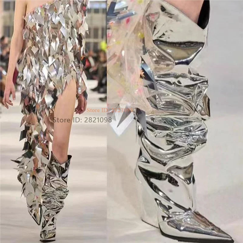 

Bling Bling Wedge Heeled Mirror Leather Silvery Knee Length Boots Women High Heel Pointed Toe Glittering Nightclub Long Boot