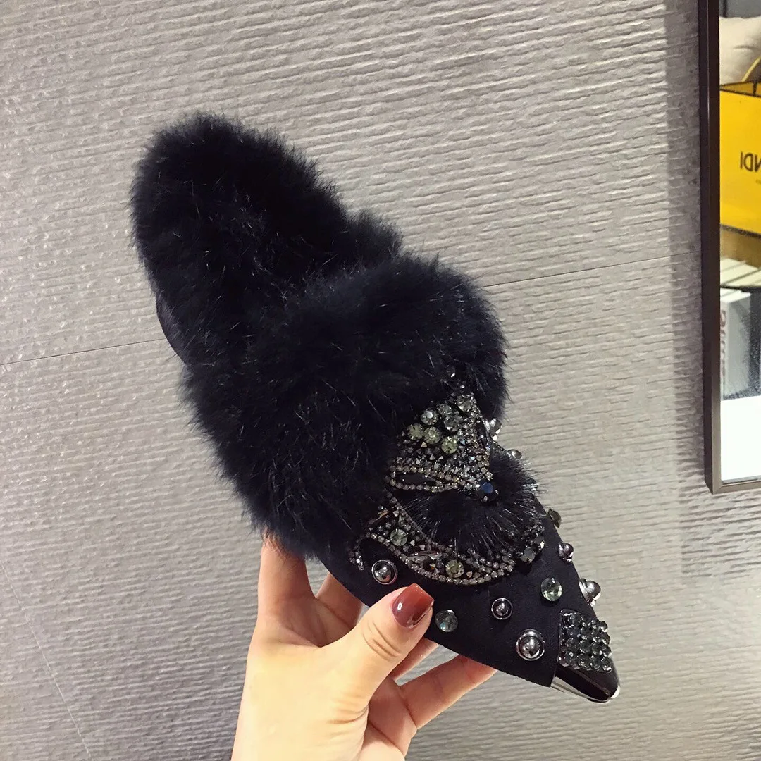 

Winter Warm Pointed Single Shoes for Women Rivet Fox Head Fluffy Cotton Shoes Fashion Comfort with Diamonds Pearl Women's Shoes