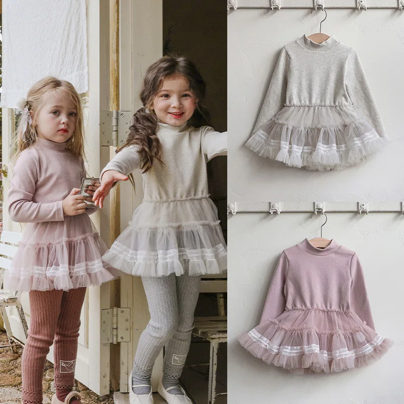 

2025 Winter Little Girls Dress Solid Color Thicken Warm Toddler Girls Dress Turtleneck Long Sleeved Kids Baby Girls Undershirt