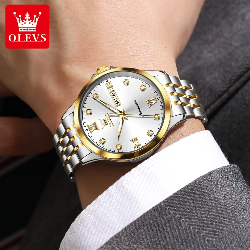 ساعة OLEVS ميكانيكية أوتوماتيكية بالكامل جديدة أصلية من الفولاذ المقاوم للصدأ بمقياس ماسي للرجال مقاومة للماء وتوهج ليلي ﻿