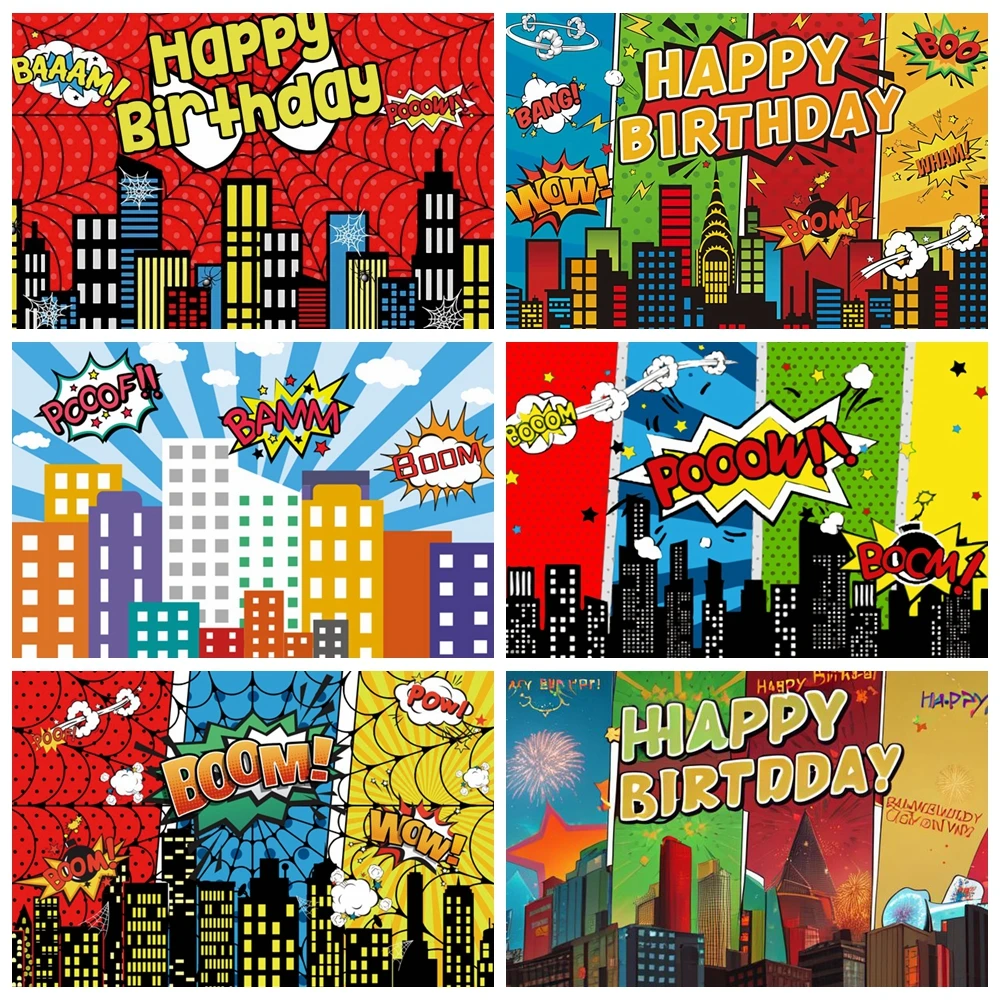 Superhero City Architecture Photography Background Baby Shower Boy Birthday Party Comic Portrait Custom Decoration Photo Studio