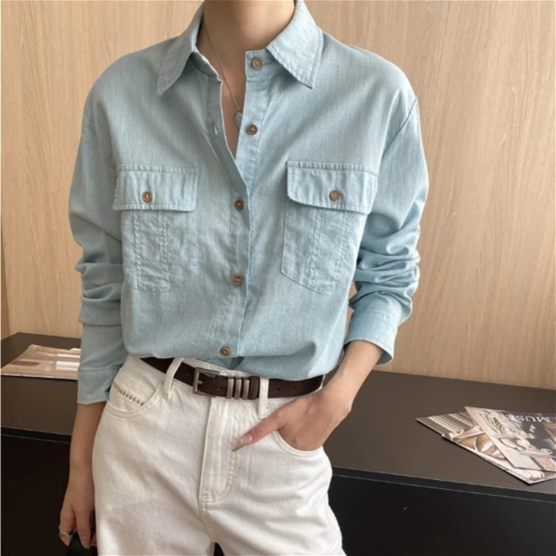 

Blouses Women Shirt Tops Turn Down Collar Full Sleeve Top Solid Y2k Streetwear Work Elegant Splice Shirts Casual 2025 Autumn