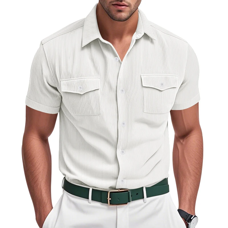 2026 Summer American Heavy Corduroy Workwear Short Sleeve Shirts for Men, Loose Collar Outdoor Casual Tops Wholesal