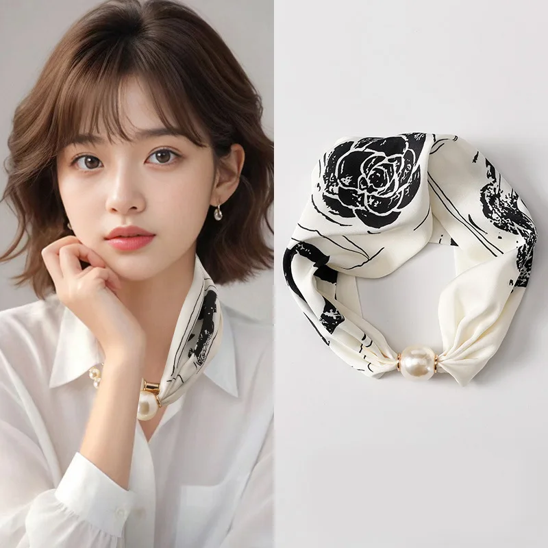 Fashion Imitation Pearls Chain Scarf Neckerchief Magnetic Buckle Necklace Clavicle Choker Scarves Ring Necklaces for Women Girls