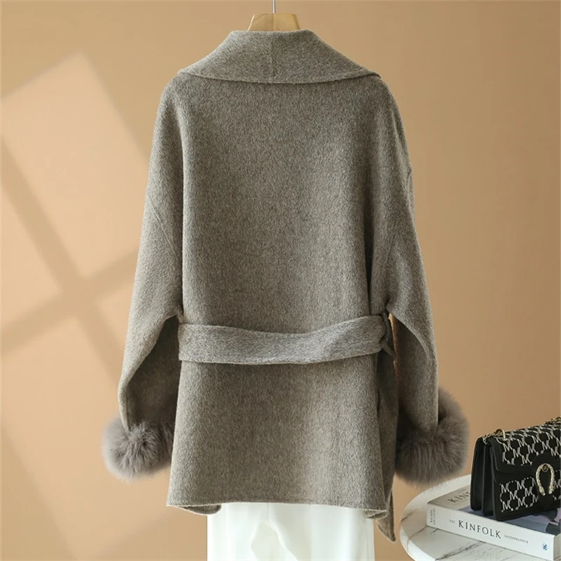 Double-sided Real Wool Coat Female 2024 Fall and Winter New Loose Korean Tie Detachable Fox Hair Full Wool Tweed Jacket JT474