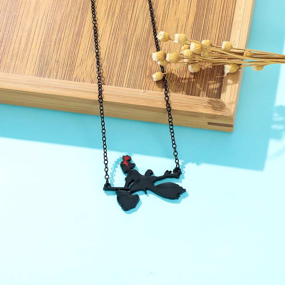 Fashion Cartoon Anime Black Broom Witch Necklace Creative Pendant Jewelry Accessory for Cosplay Friends Gifts