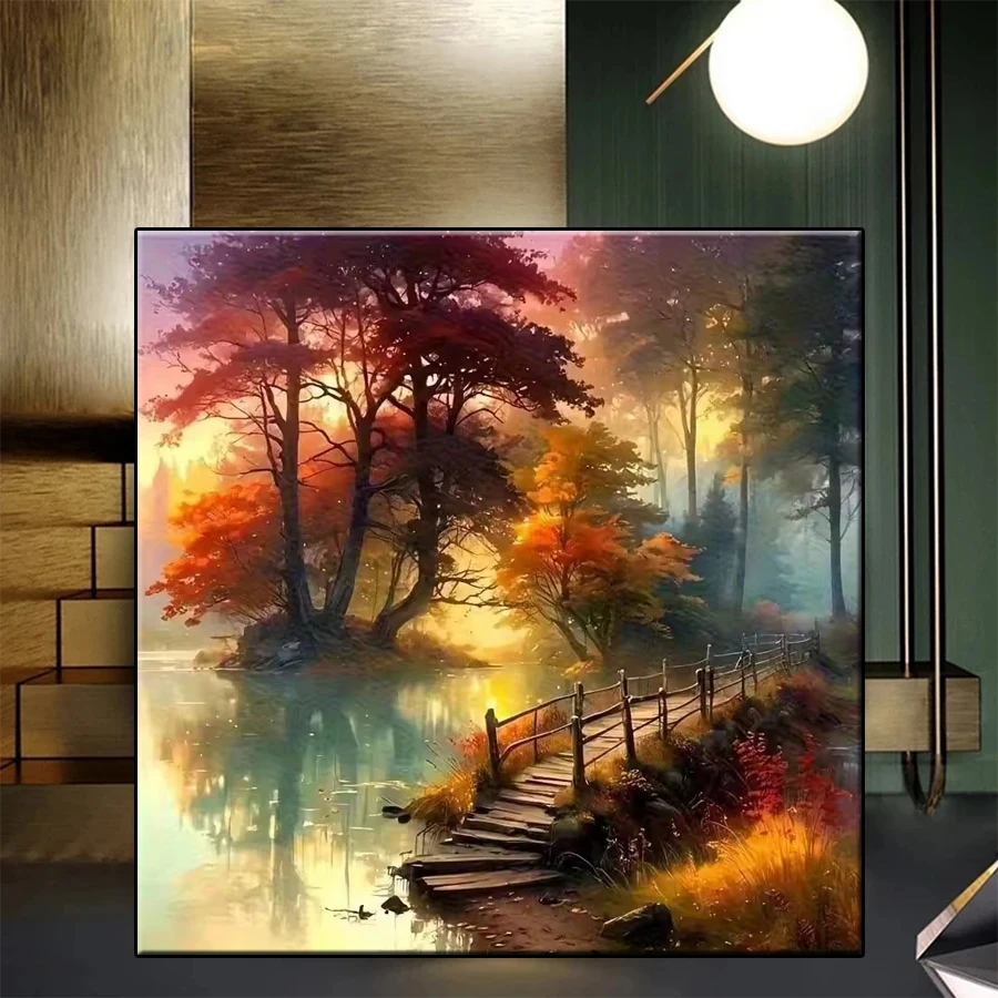 DIY Diamond Painting Autumn Tree Lake Wooden Bridge Landscape Full Diamond Embroidery Mosaic Handmade Adult Decoration Gift