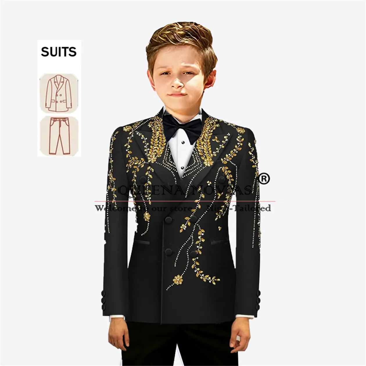 

Double Breasted Boys' Suits For Wedding Exquisite Beaded Stones Children Blazers Customized 2 Pieces Kids Formal Party Tuxedos