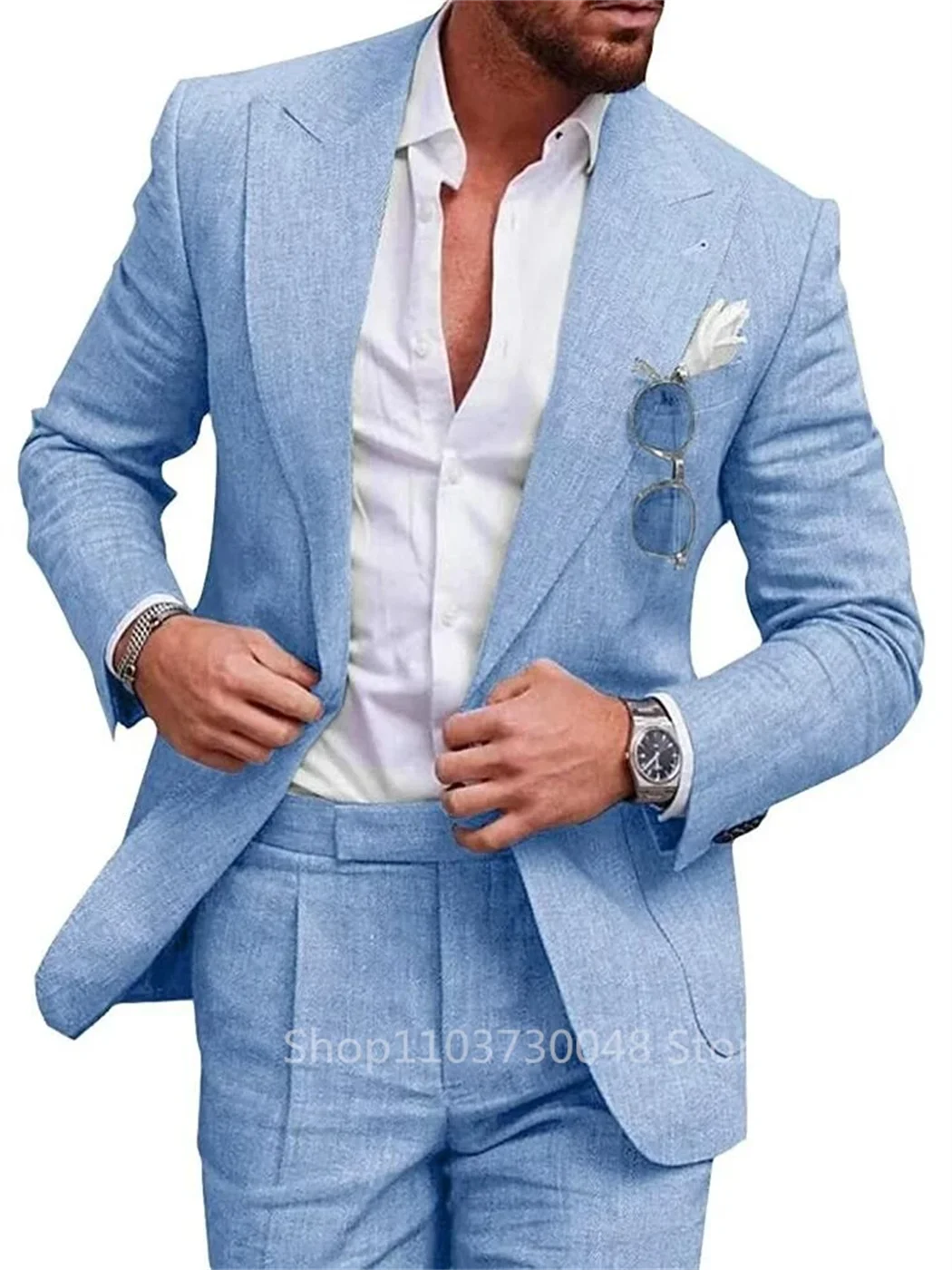 2 Piece Elegant Beige Linen Men Suit Smart Casual Single Breasted Slim Fit Blazer with Pants High Quality Costume Homme