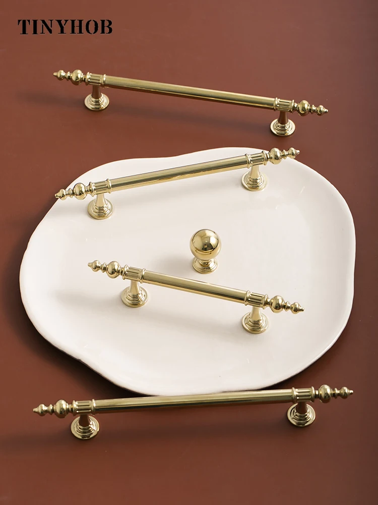 Tinyhob Solid Brass Unique Design in Bright Gold Color Modern Industrial Style Cabinet Refrigerator Door Pull Drawer Knobs