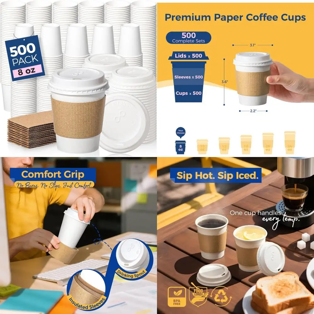 

Disposable 8 oz Coffee Cups with Lids, Leak-Proof, To-Go Cups, Durable Hot Paper, 500 Pack for Meal Prep