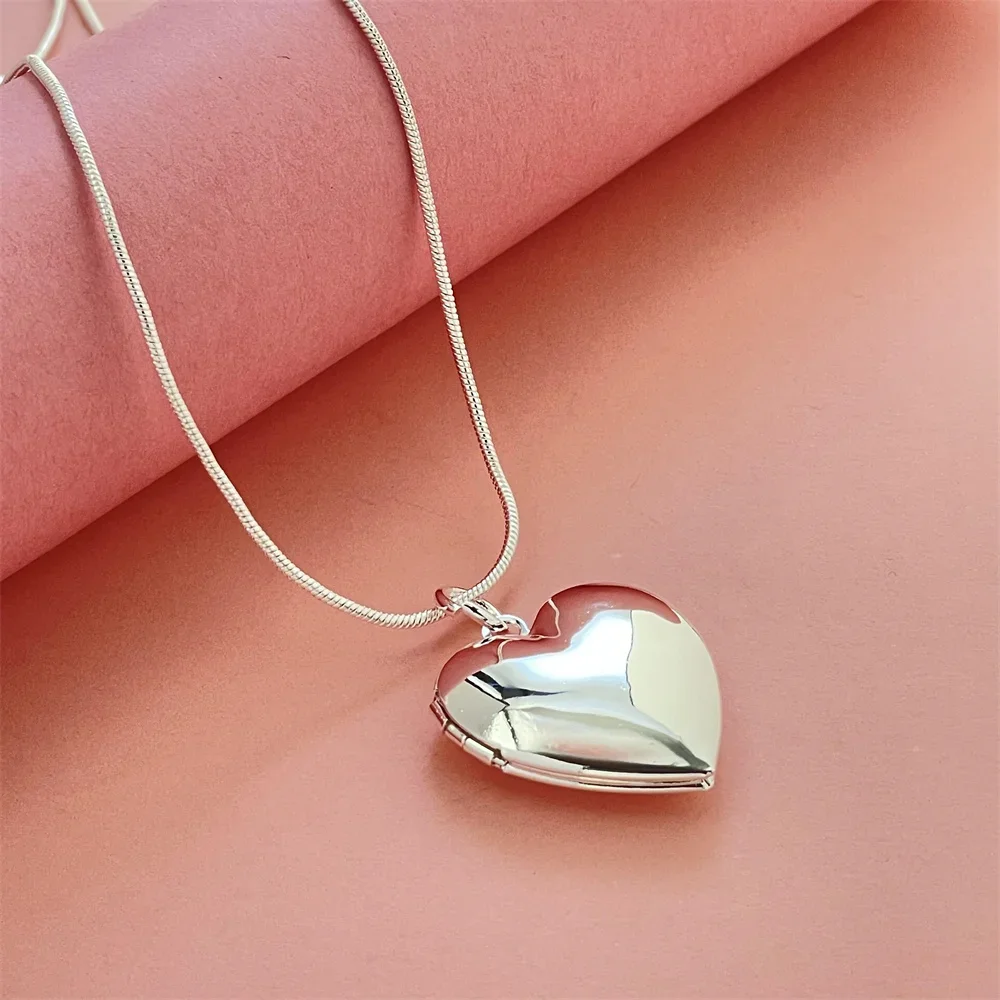 925 Silver Necklace Smooth Heart-Shaped Photo Frame Pendant, Suitable For Women's Daily Wear