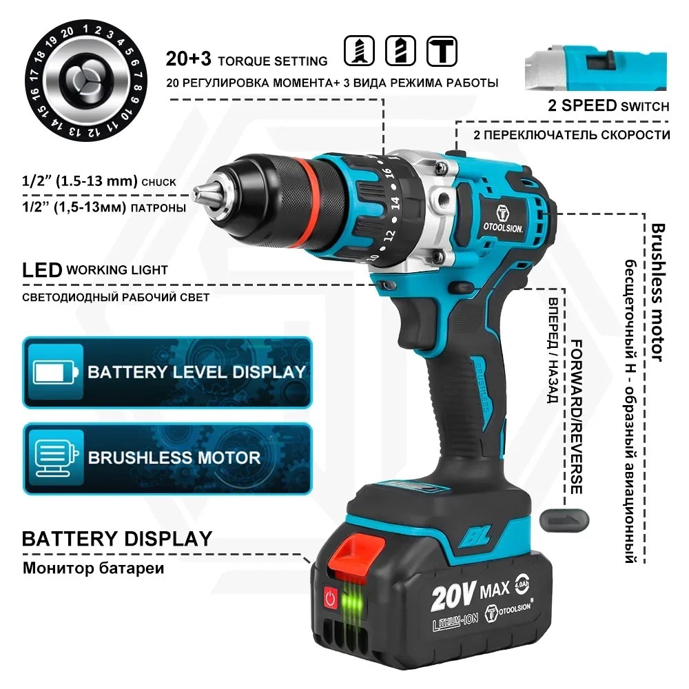 20V Brushless Drill 13mm Cordless Screwdriver 120Nm Impact Hammer Drill Battery 3 Functional Steel/Wood/Masonry Power Tool