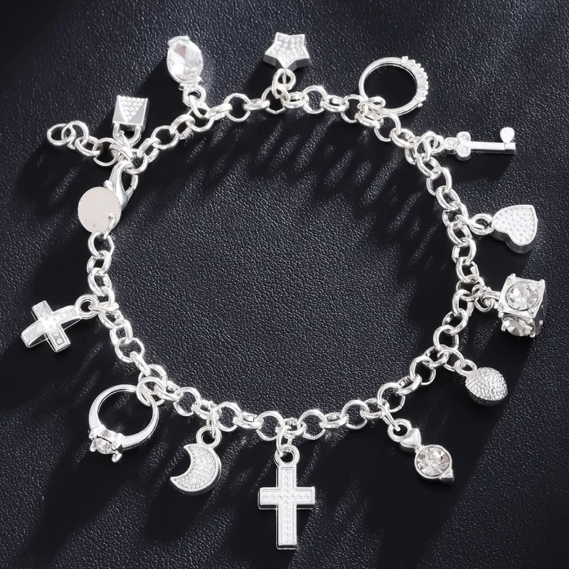 Silver Tone Charm Bracelet For Women, 13 Pendants Zinc Alloy Jewelry, Vintage Cross Heart Star Moon Lucky Gift view 4
