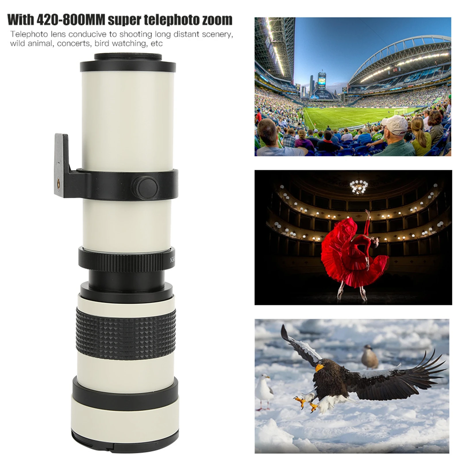 Lens Manual Zoom Lens White 420800mm Aperture F 8.316 Full Manual Focusing Telescope Zoom Telephoto Lens for EF‑S Mount Camera