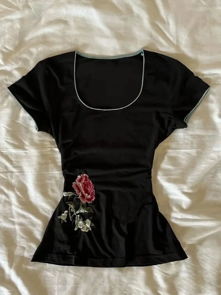 

Y2K винтажный облегающий топ Spicy Girl Basics с квадратным воротником и цветочным графическим принтом, уличная одежда с короткими рукавами, футболки, женская одежда