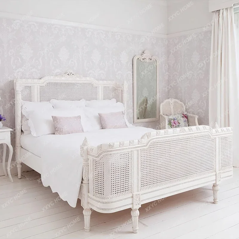 Lsolid wood rattan cream white master bedroom double bed luxury court princess bed