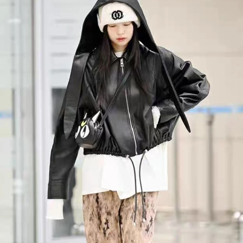 Women Spring Drawstring Black Genuine Sheepskin Leather Jacket Coat Autumn Loose Real Leather Overcoat