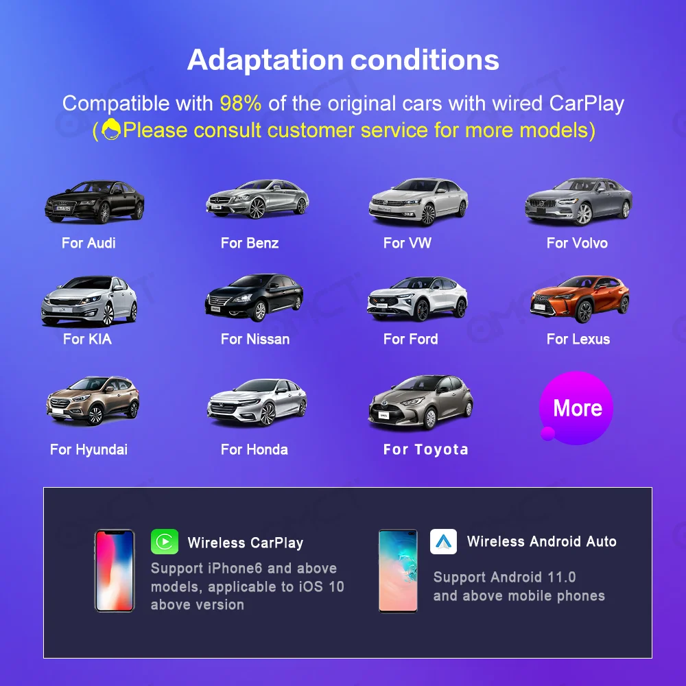 QMCT Carplay Ai Box Android 13 Ambient Light Wireless Android Auto QCM6225 8GB+128GB 4G Lte For Volvo Benz Audi Haval Hyundai MG