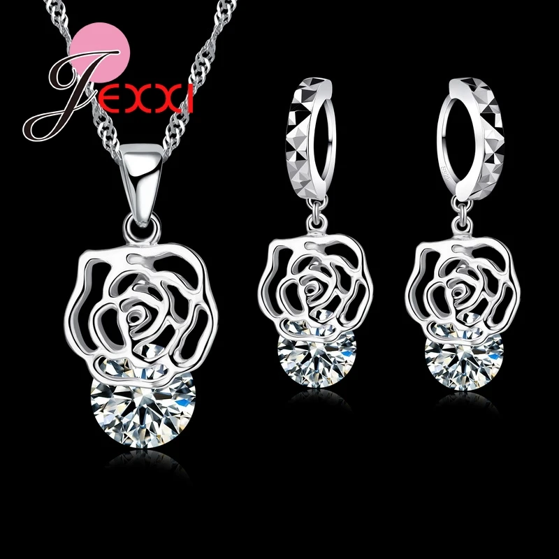 Rose Pendant With Pretty Cubiz Zirconia CZ 925 Sterling Silver Jewelry Sets Accessories For Women Wedding Anniversary