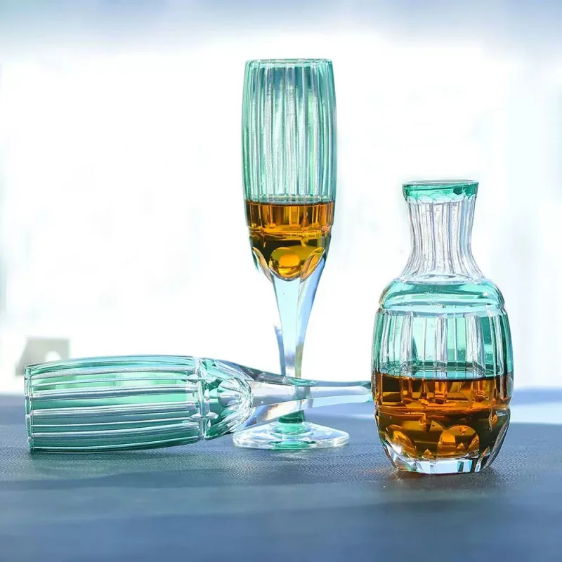Modern Sage Green Crystal Wine Glass Hand Cut Stemware With Geometric Pattern Bamboo Cuisine Whiskey Goblet Champagne Flute Cup