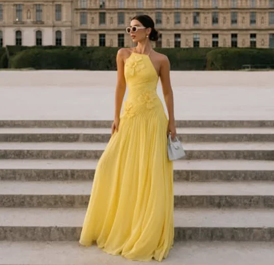 Abiti da sera pieghettati senza maniche gialli con applicazioni di fiori di lunghezza del pavimento personalizzati di alta qualità Robes De Soirée Abiti da gala