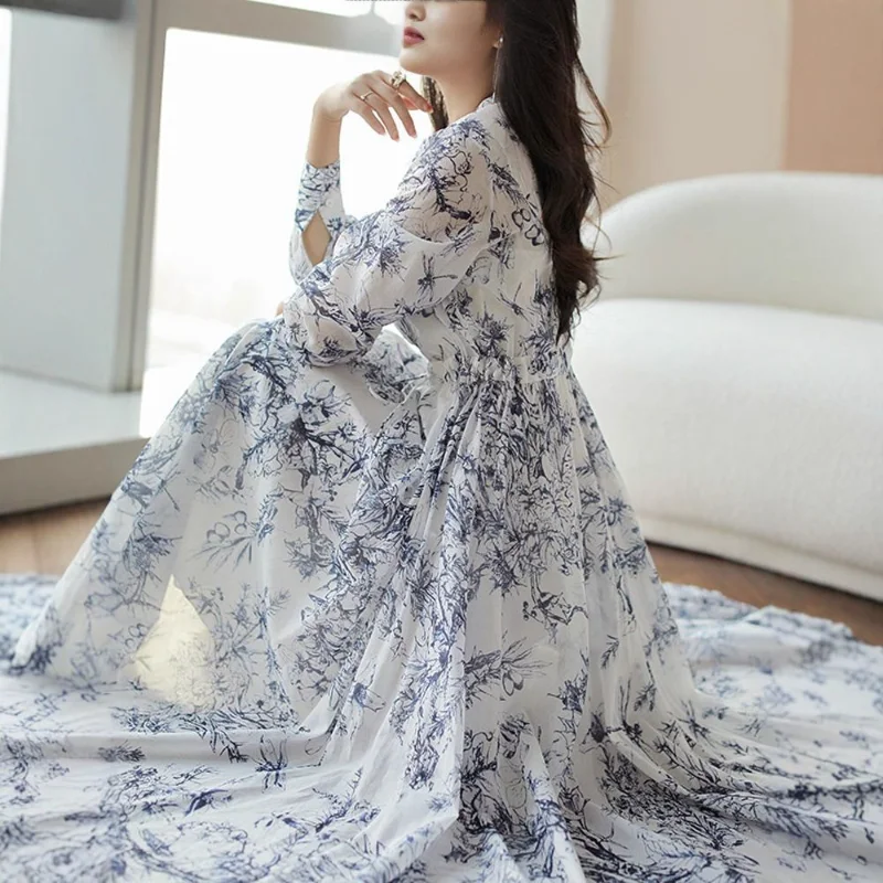 Theepauze Klassieke prints Chinese stijl High-end elegant temperament Veelzijdige taille-knuffelende mode Trendy jurk met lange mouwen