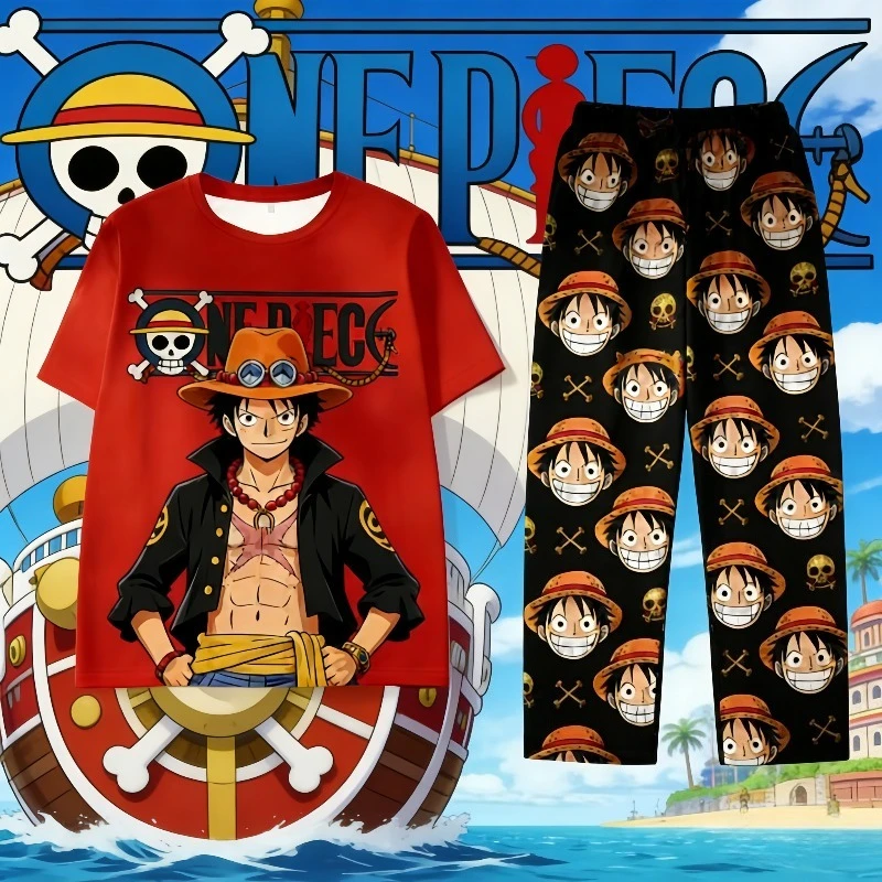 

Костюм Пиратского Короля Луффи от Bandai: пижамные брюки из молочного шелка, мужские рубашки, женские футболки и брюки в стиле Y2K, комплект футболок и брюк для детей.