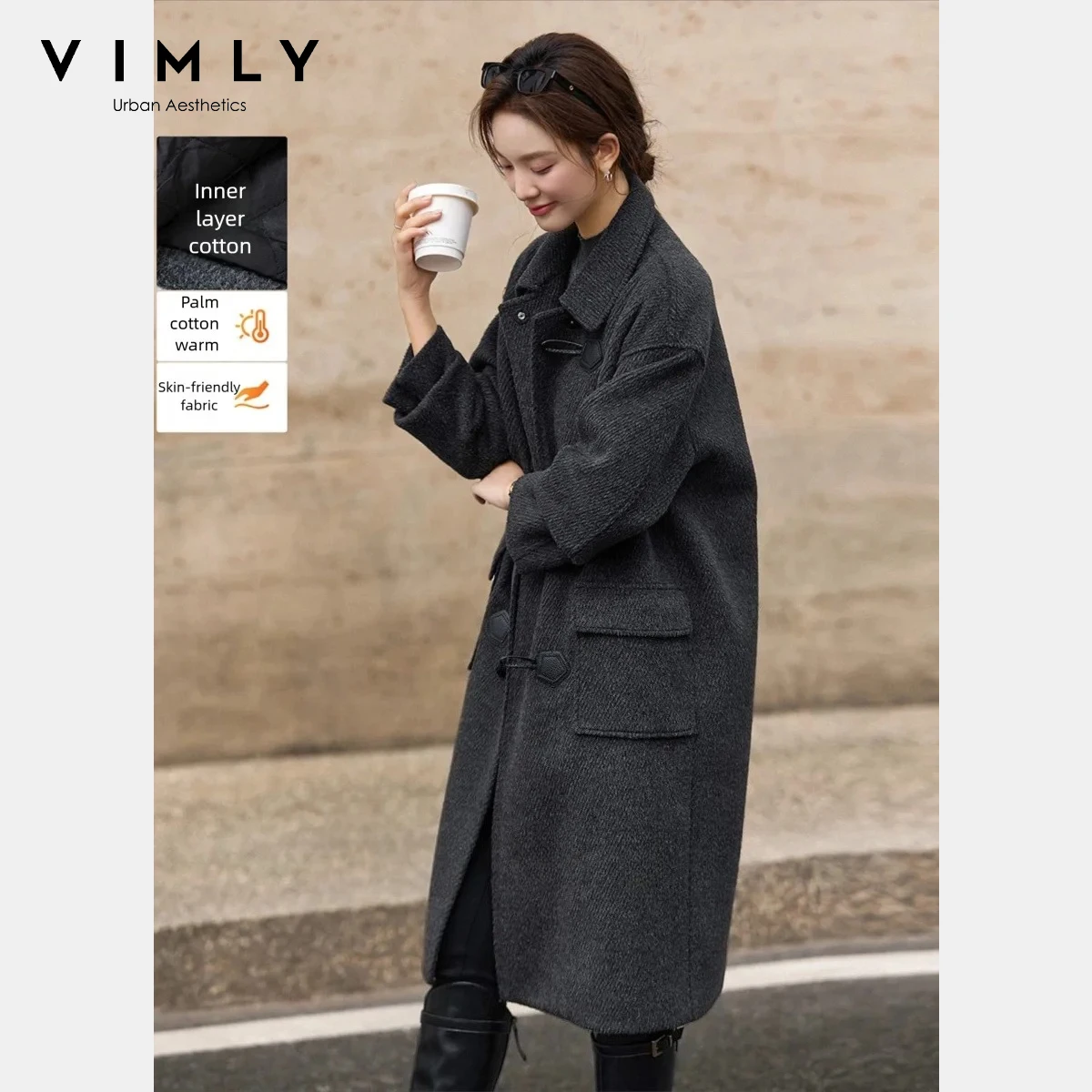 VIMLY Versatile Coat for Women 2026 Winter Wool Blend Horn Button Overcoat Turn Down Collar Quilted Office Lady Outerwears A3382