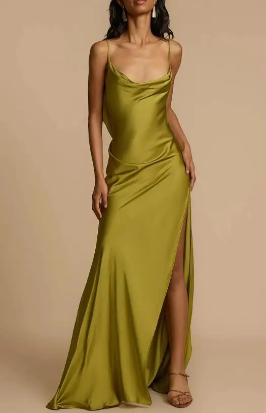 

Solid Color Swing Collar Waist High Slit Suspender Dress for Summer Women's Fashion Backless Pleated Design Suspender Dress