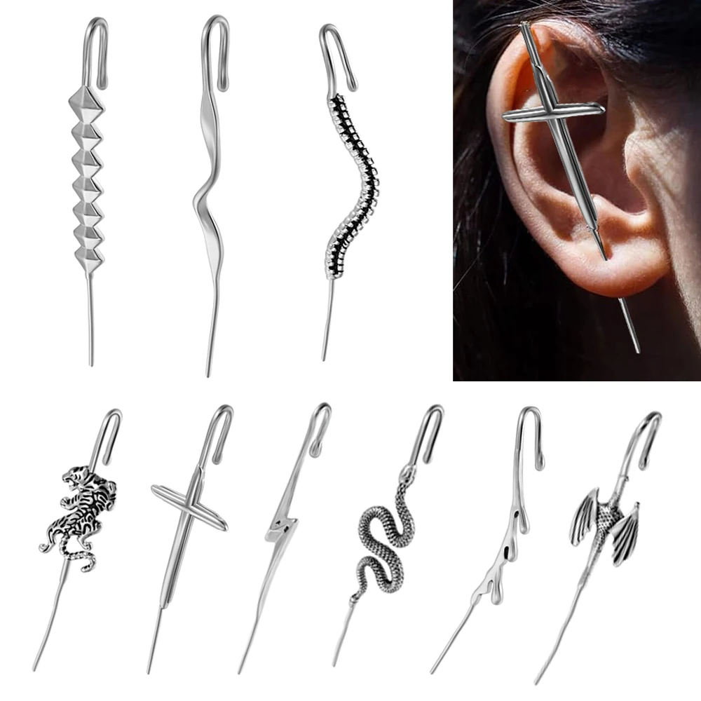 1PC Stainless Steel Cross Tiger Hook Ear Cuff Earring Long Earrings Punk Wing Earlobe Conch Cartilage Helix Piercing Jewelry