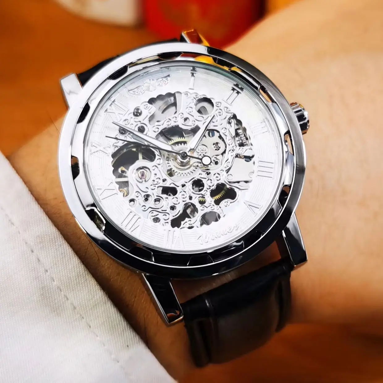 WINNER Business Mechanical Watch for Men Classic White Skeleton Hand Winding Watches Casual Leather Strap Retro Wristwatches