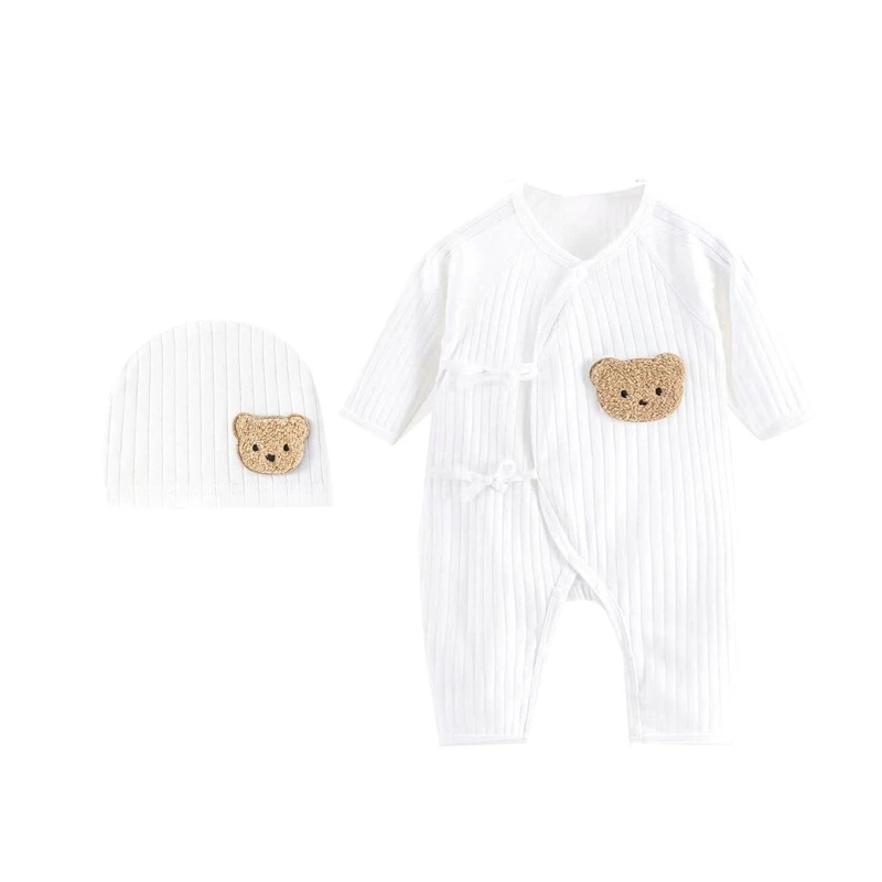 Breathable Newborn Bear Jumpsuit Hospital Hat Spring Outfit Long Sleeves Bodysuits for Baby Girls Boys Unisex Coveralls