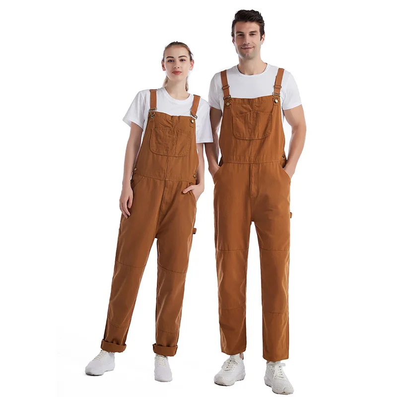 

Mens Jeans Casual Overalls Solid Color Denim Cargo Pants Orange Suspenders Large Size Women Jumpsuit Full Length Couples Bibs