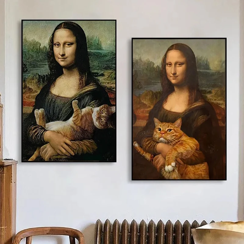 مضحك الموناليزا مع القط فقاعة الملصقات والمطبوعات الموناليزا لوحات فنية جدارية بار فندق قماش اللوحة جدارية غرفة ديكور #2