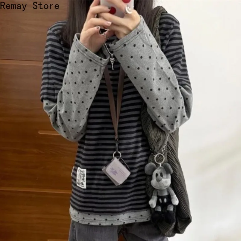 Y2k Subculture Round Neck Long Sleeve Tops Women's Stripe Polka Dot Patchwork Korean Fashion Casual Chic Autumn Daily Pullovers