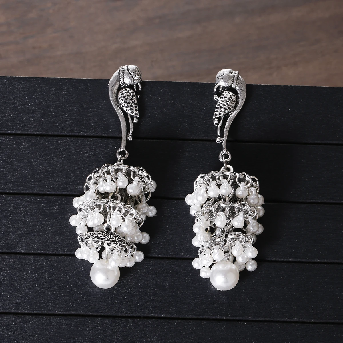 Ethnic Silver Color Peacock Bell Earrings For Women Pendient Boho Pearl Beads Ladies Indian Earring Jewelry