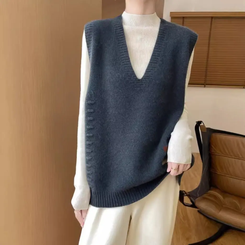 

Women's Lazy Pure Wool Knitted Vest Sleeveless Sweater V-neck Loose Fashion Autumn Winter Top