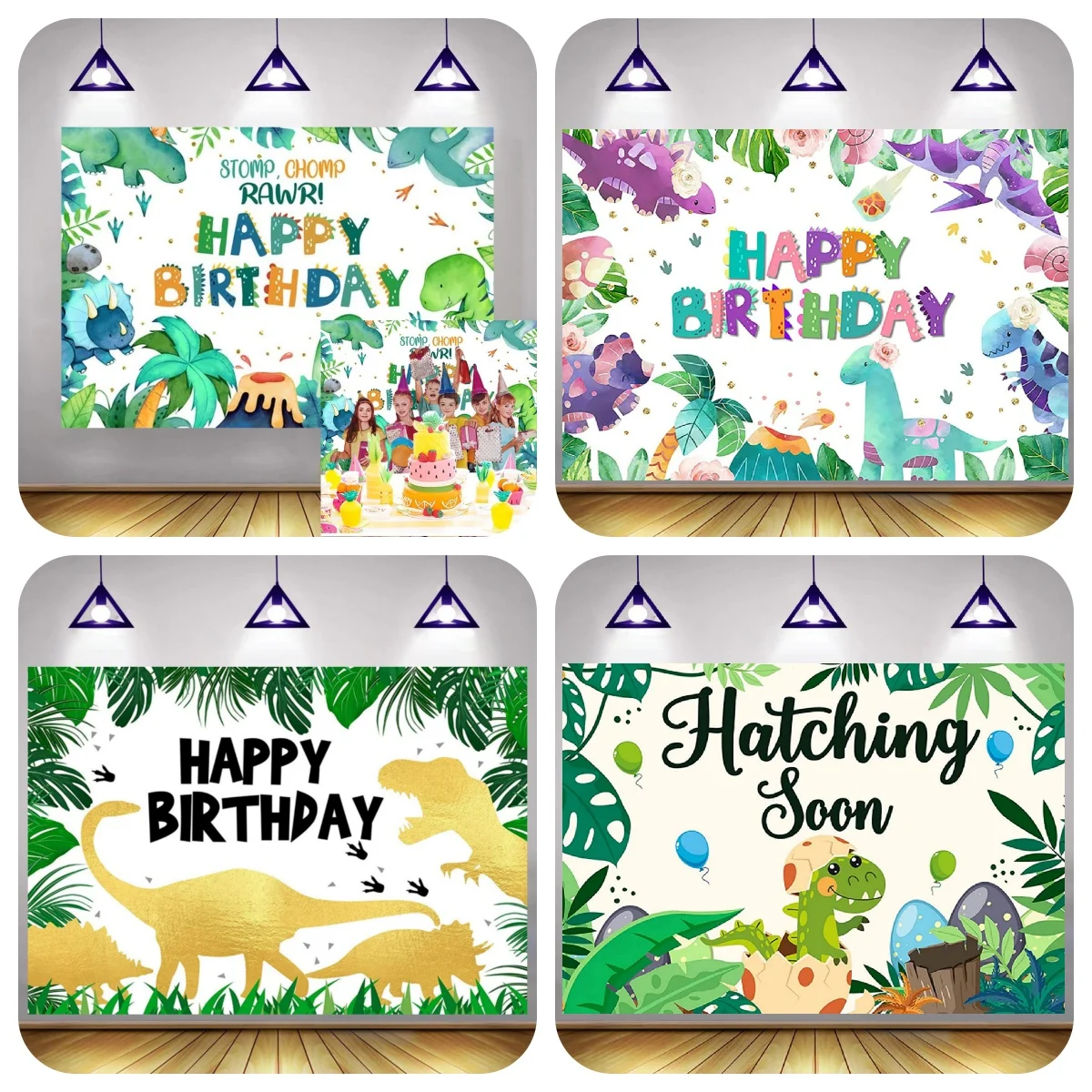 

T-Rex Dinosaur Theme Green Leaves Trunk Coconut Tree Photography Background Happy Birthday Backdrop for kid boy girl (Purple)