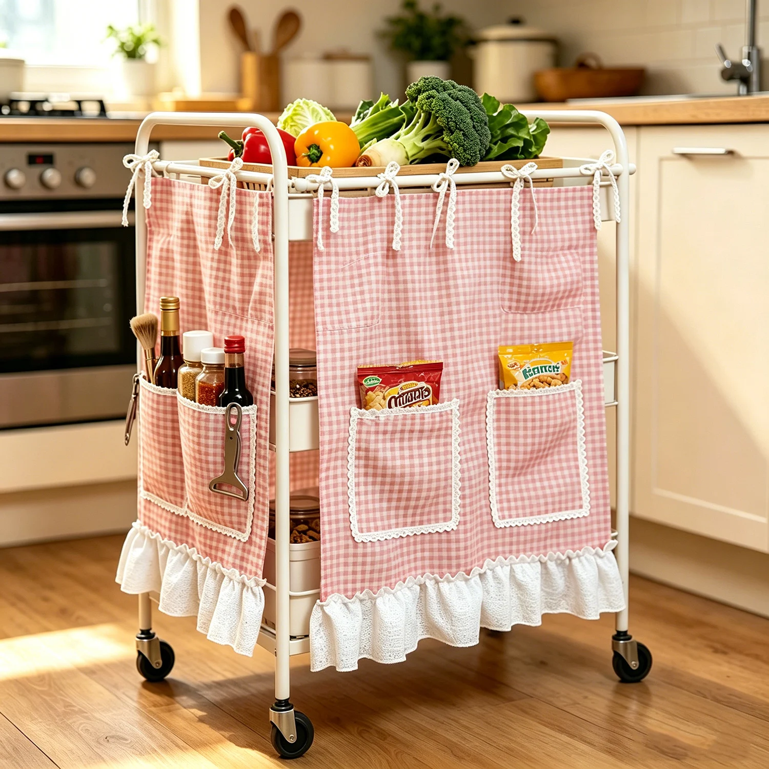 Pink Gingham DIY Storage Pocket Short Curtain Lace Ruffle Tab Top Cottagecore Half Curtain for Bunk Bed Kitchen Oven Cabinet