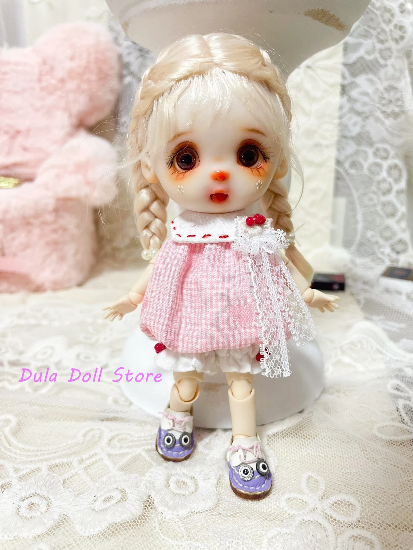 

Dula Doll Clothes Dress Pink checkered sleeveless lantern top and shorts doll outfit for diandian doll small 6 body doll
