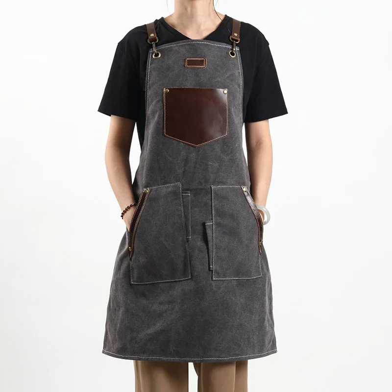 Thick Canvas Apron Leather Pocket For Tools Carpentry Gardening Work Multifunctional Outdoor Barbecue Cleaning Uniform Apron