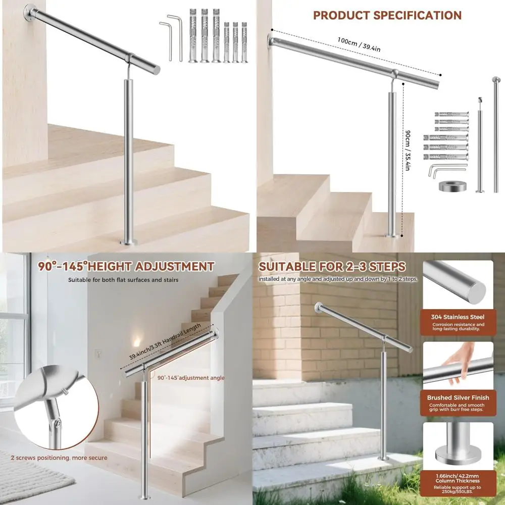طقم درابزين خارجي من الفولاذ المقاوم للصدأ لخطوات 2-3 خطوات، 39.4 بوصة/100 سم، حاجز دعم انتقالي للخطوات #1