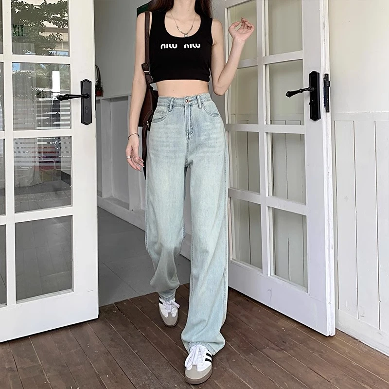 Light-colored straight jeans female spring and autumn 2024 new small high-waisted loose narrow version of wide-leg pants