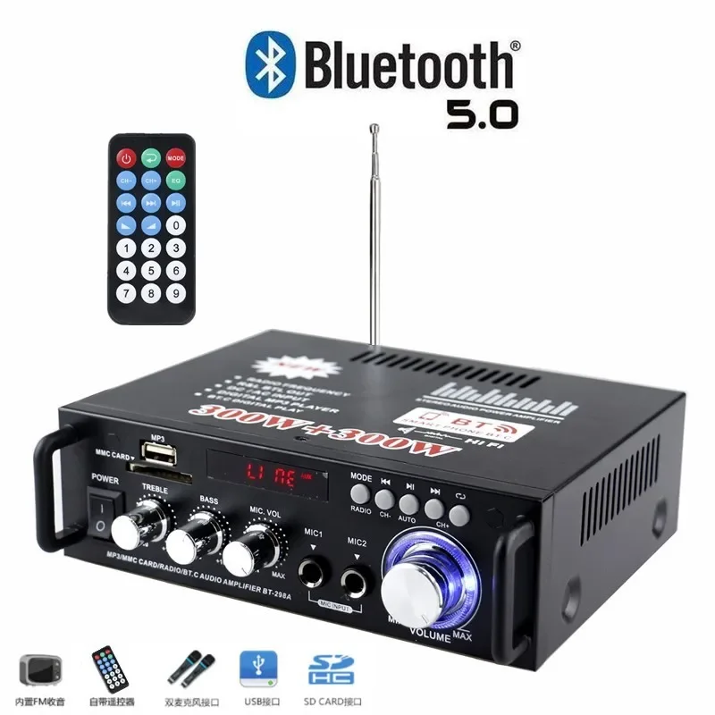 Small Power Amplifier Speaker Power Amplifier, Plug-in Card U Disk Radio 12V220V Bluetooth Power Amplifier BT-298A