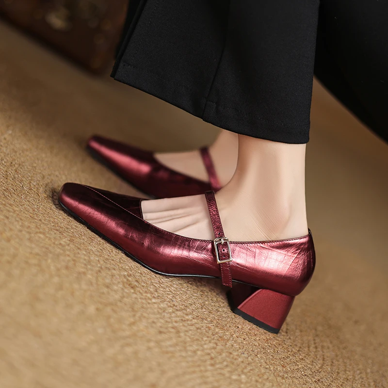 2026 new spring summer women pumps natural leather 22-25.5cm cowhide+sheepskin square toe buckle mary janes women shoes