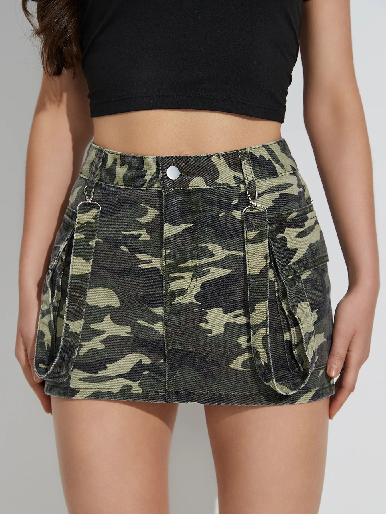 

Autumn New Camouflage Double Pocket Denim Skirt Women's High Waist Cargo Skirt Jeans