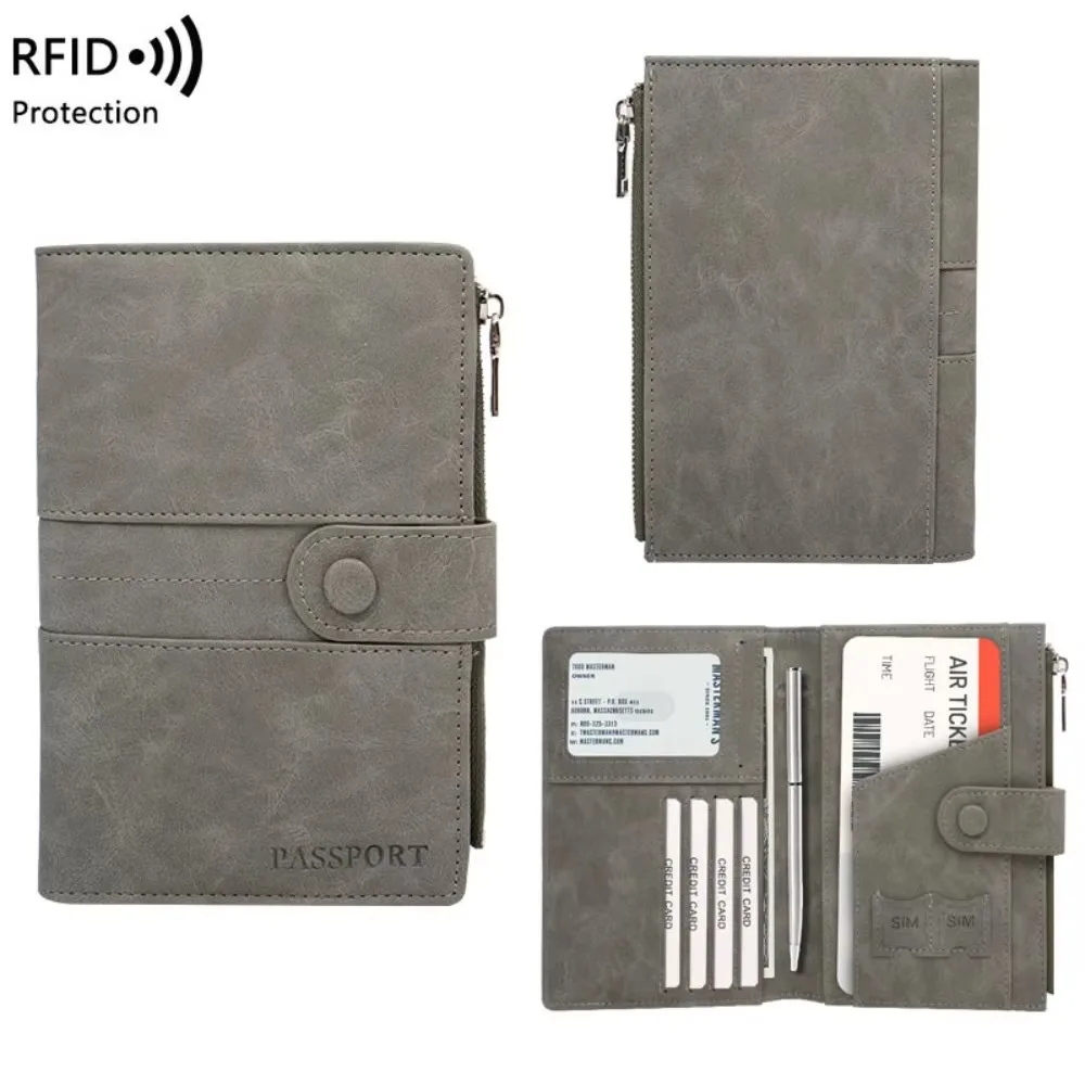 RFID Blocking Passport Holder PU Leather Travel Passport Cover Multi Pocket Zipper Buckle Document Wallet for Men Women