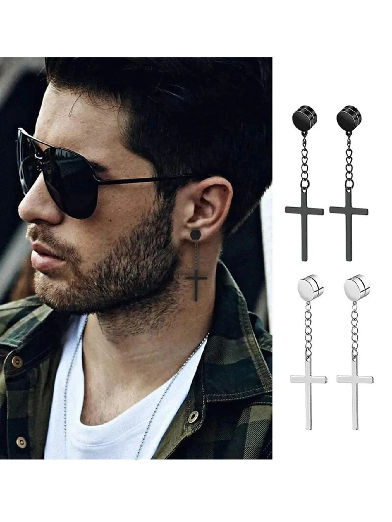 1 Pairs of Men\'s Fashionable Ear Hole Free Magnet Zircon Stainless Steel False Earring Set Unisex Non Piercing Clip Earrings
